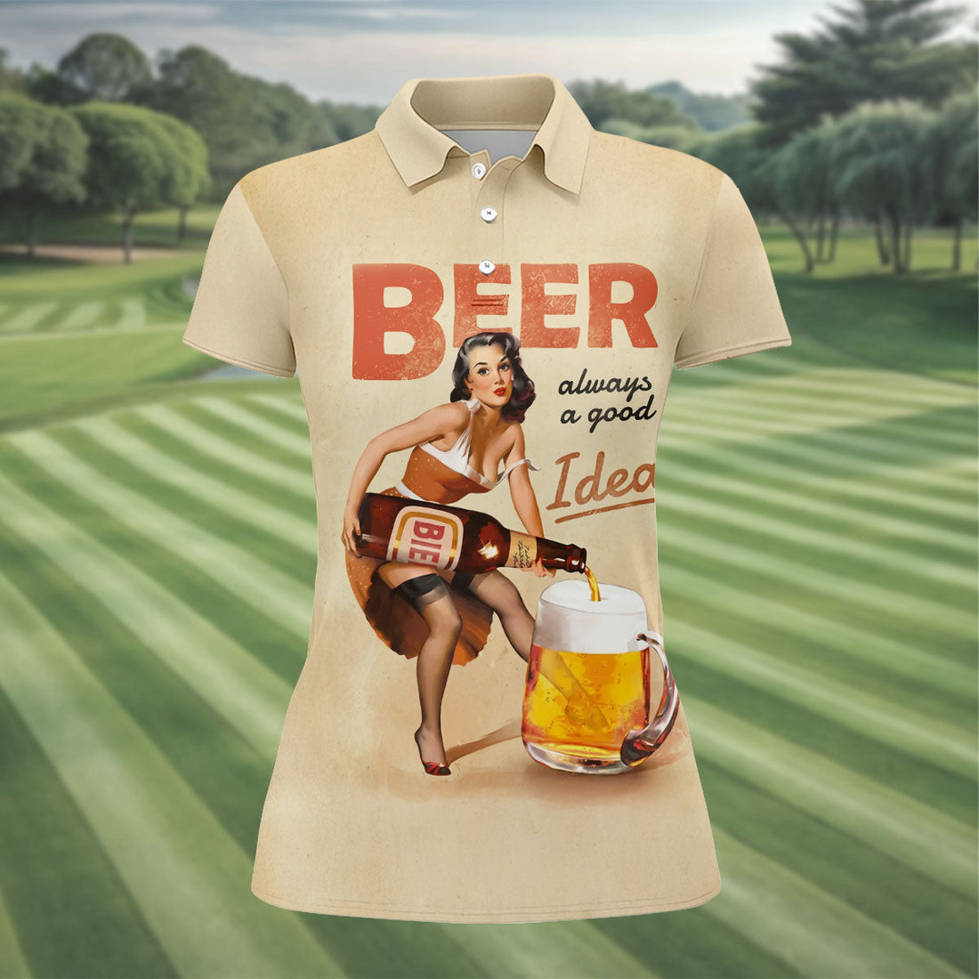 Vintage Beer Pin-Up Girl Design Golf Shirt, Women's Golf Shirt, Hawaiian Golf Shirt, Golf Polo For Women