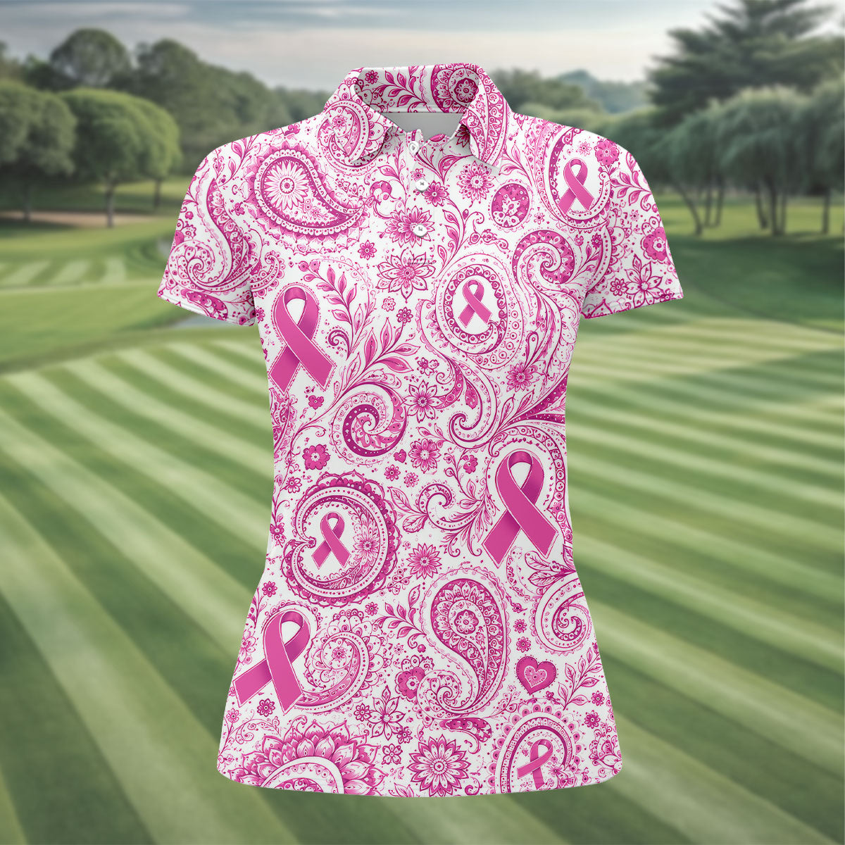 Pink Ribbon Paisley Breast Cancer Golf Polo Shirt, Women’s Golf Apparel, Ladies Golf Top