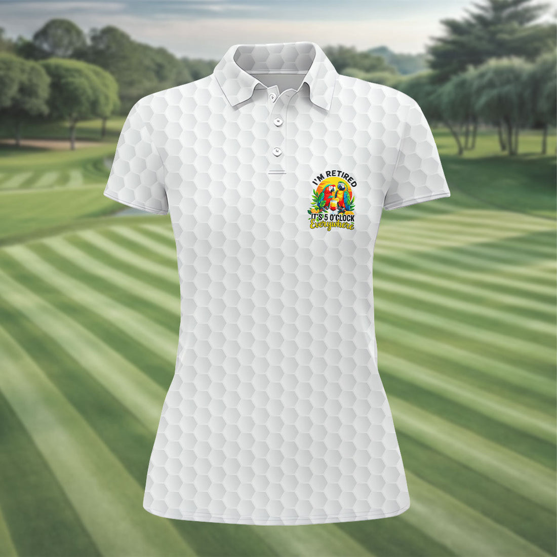 White Tropical Parrot Happy Retirement Golf Polo Shirt, Women's Golf Polo, Performance Golf Shirt