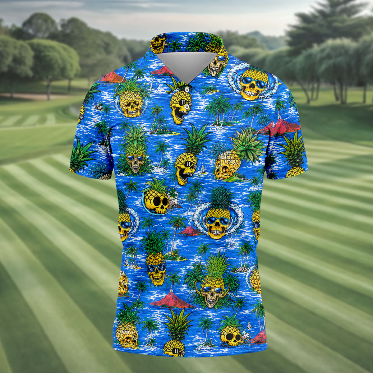 Pineapple Skull Island Ocean Hawaiian Golf Shirt, Hawaiian Golf Shirt, Golf Shirts For Men