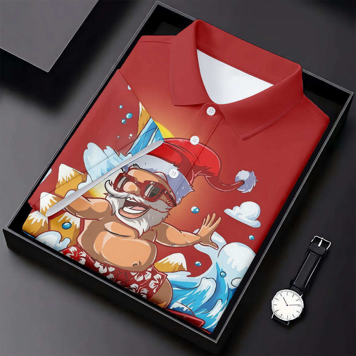 Women's Funny Santa Surfing Golf Shirt, Christmas Golf Shirt, Women’s Golf Apparel