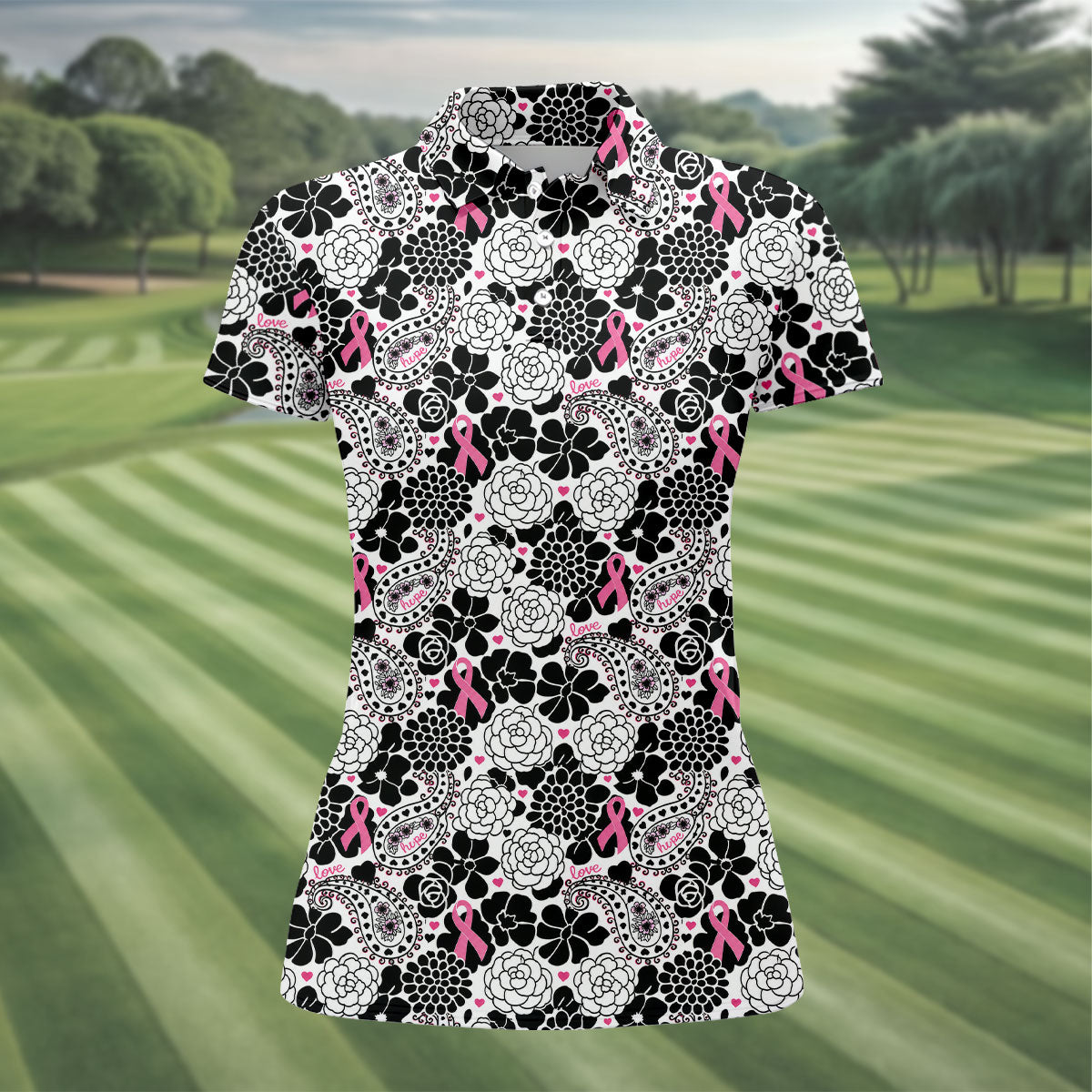 Pink Ribbon Floral Paisley Breast Cancer Golf Shirt, Women’s Golf Tops, Ladies Golf Shirts