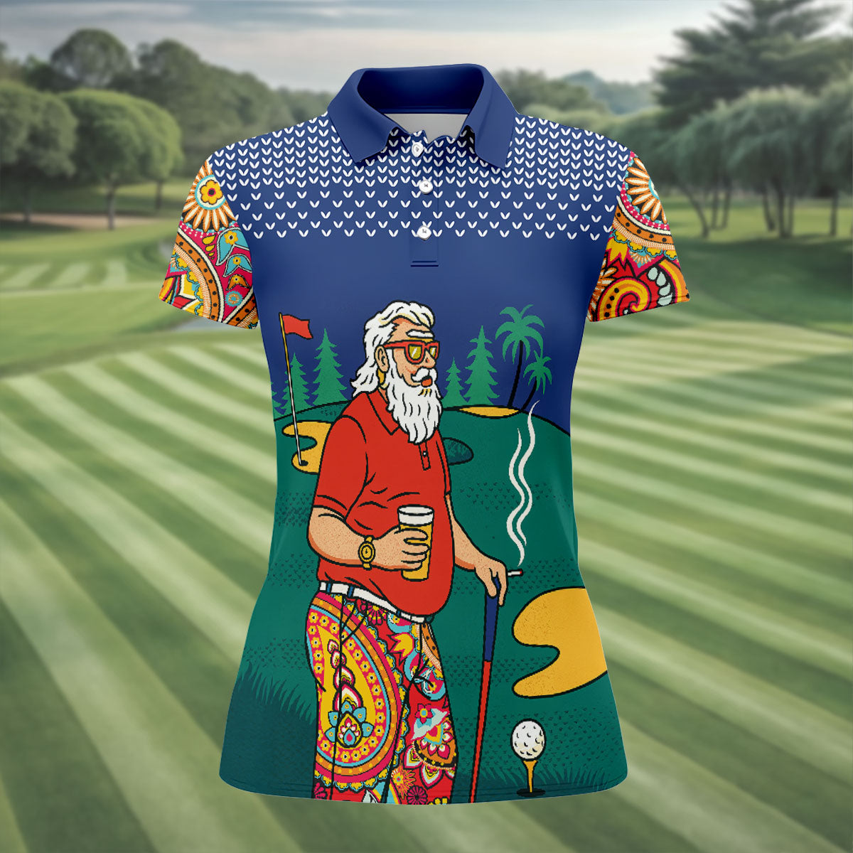 Funny Retro Golfer Drinking Beer Paisley Polo Shirt, Golf Shirts For Women, Women’s Golf Apparel
