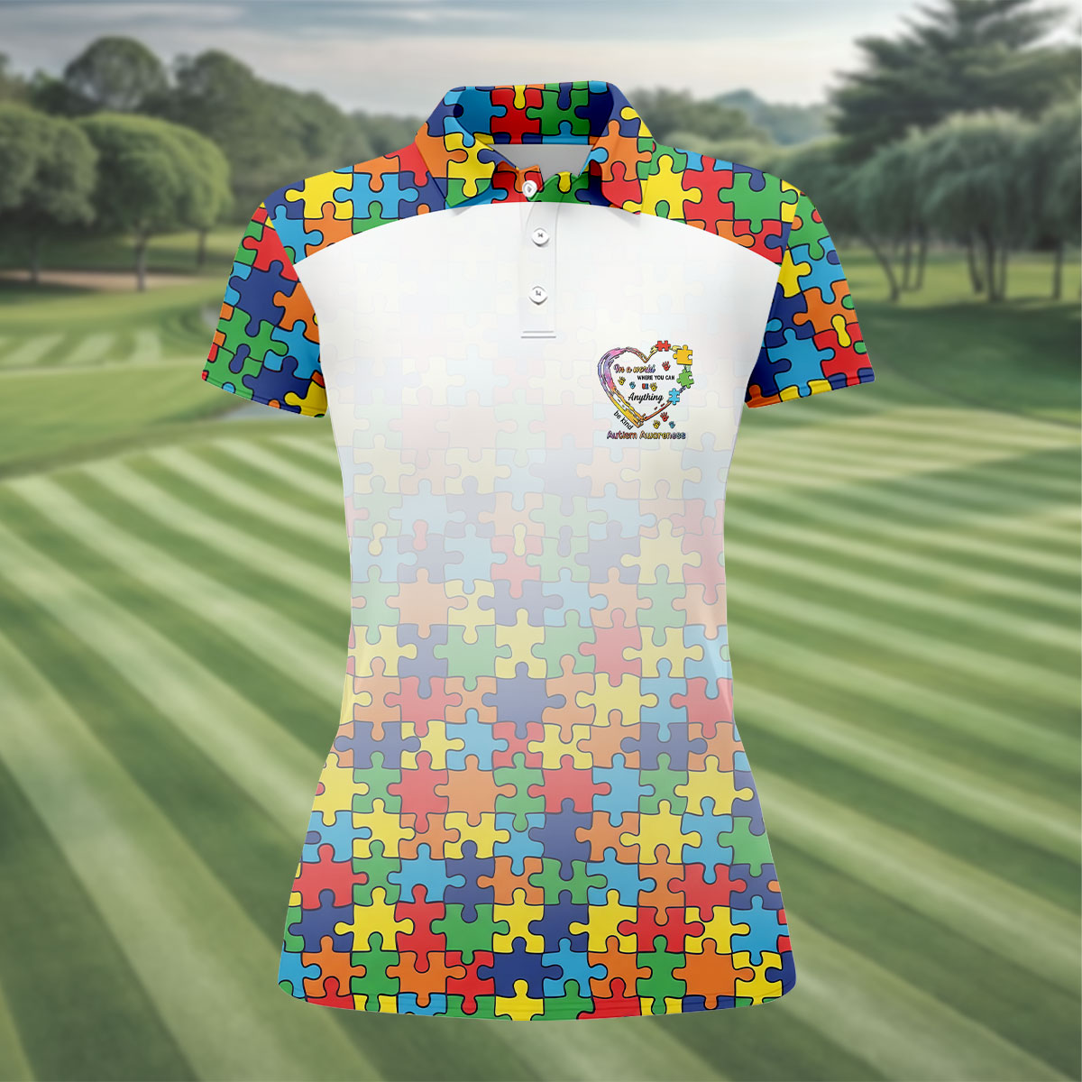 In A World Where You Can Be Anything Be Kind Autism Awareness Puzzle Pattern White Fade Women's Golf Tops