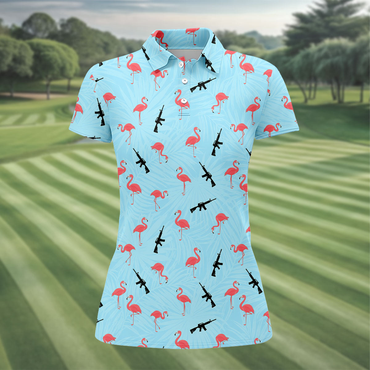 Light Blue Flamingo Pattern Golf Polo Shirt, Golf Shirts For Women, Women's Golf Polo