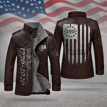 We The People 250 Years Silver Flag Men's Cold Premium Weather Jacket, Leather Trench Coat