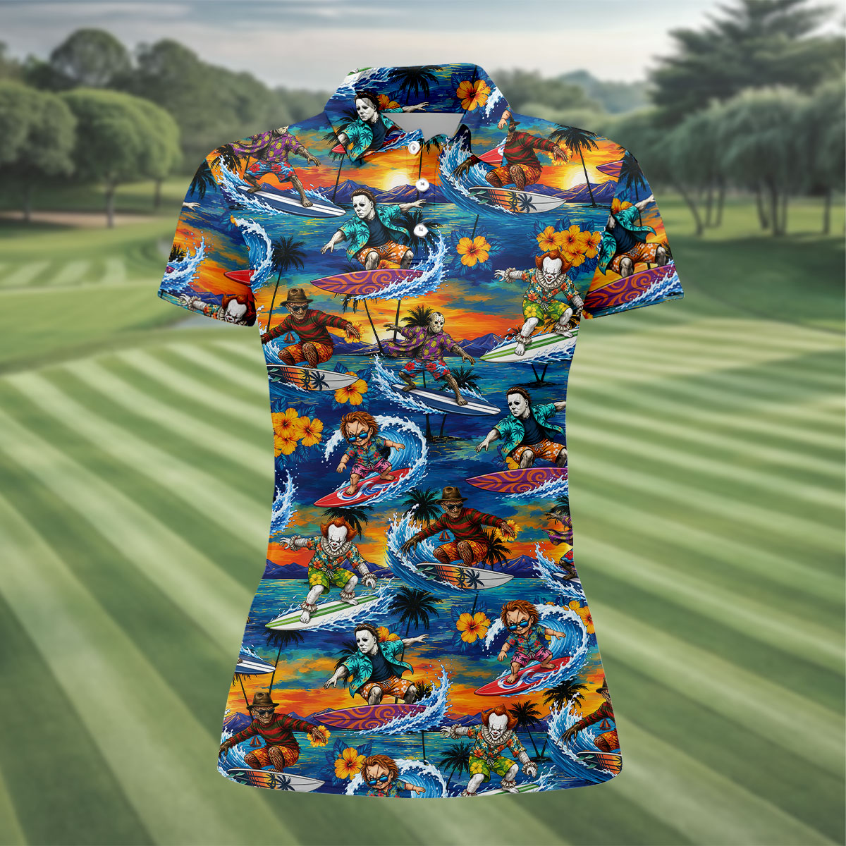 Retro Horror Character Villains Surfing Sunset Waves Golf Polo Shirt, Women's Golf Polo, Golf Tops For Women
