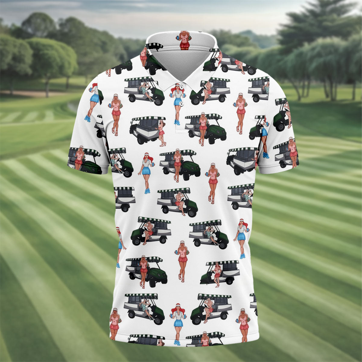 Golf Cart Girls Pattern Golf Polo Shirt, Hawaiian Golf Shirt, Mens Golf Apparel