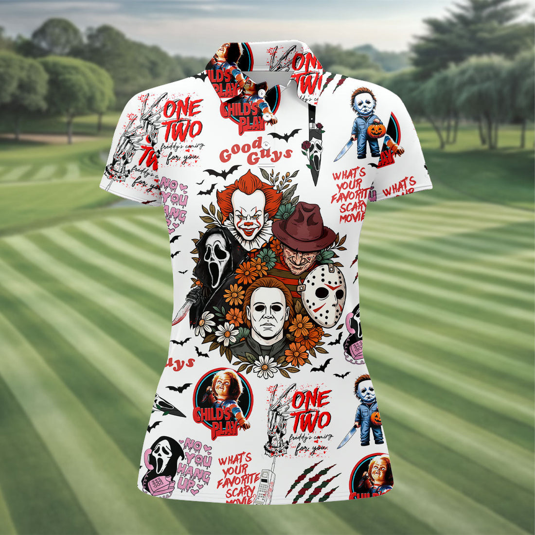 Horror Halloween Character Halloween Golf Shirt, Cool Golf Gift For Horror Fan, Women's Golf Tops