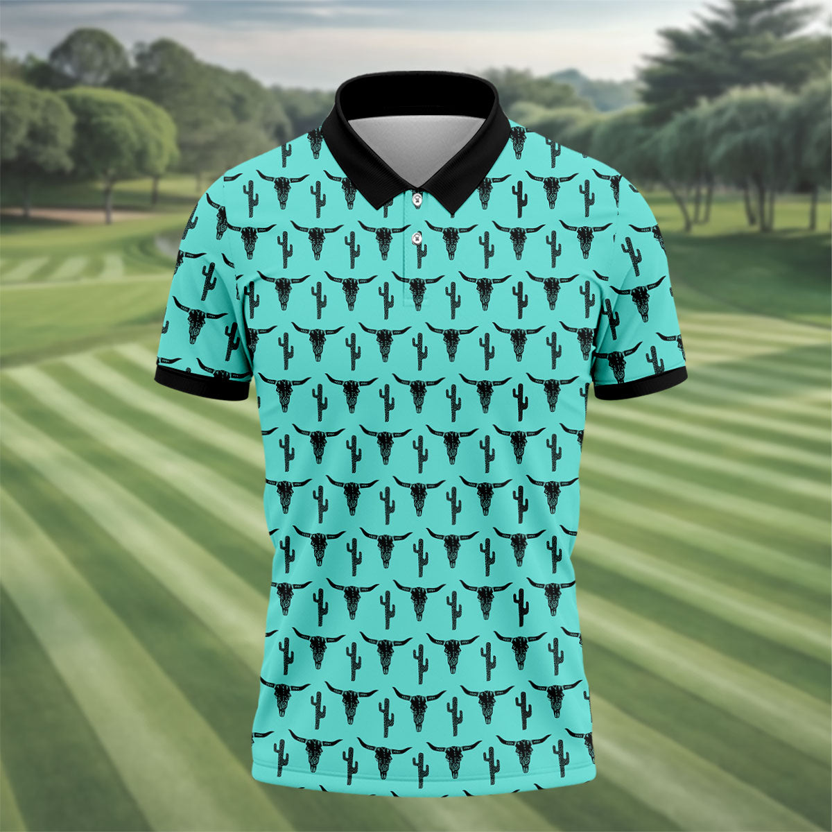 Longhorn Cow Skull Western Theme Peacock Blue Golf Tops For Men, Polo Shirts For Men, Golf Shirts For Men