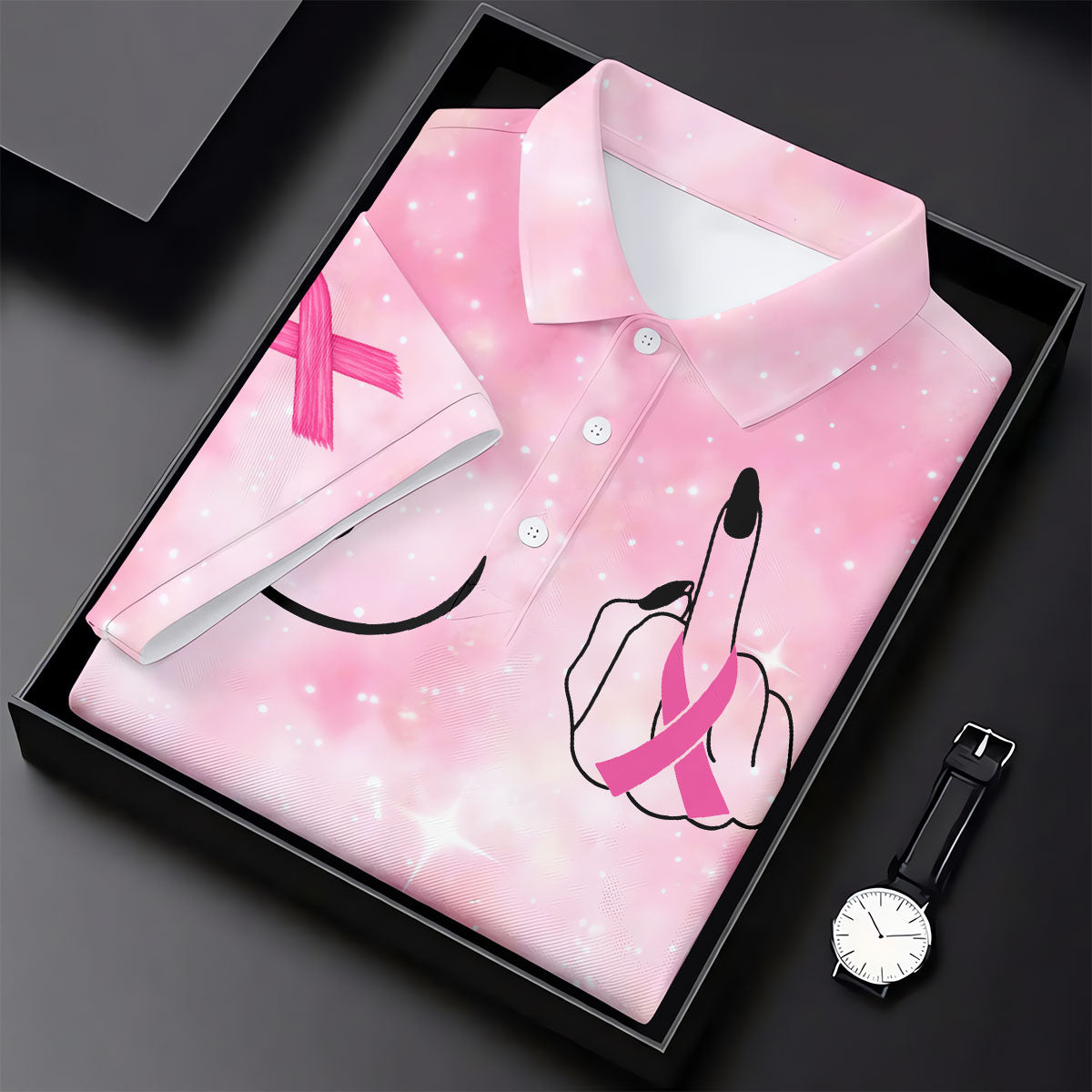 Pink Ribbon Middle Finger Breast Cancer Polo Shirt, Ladies Golf Shirt, Women's Golf Tops