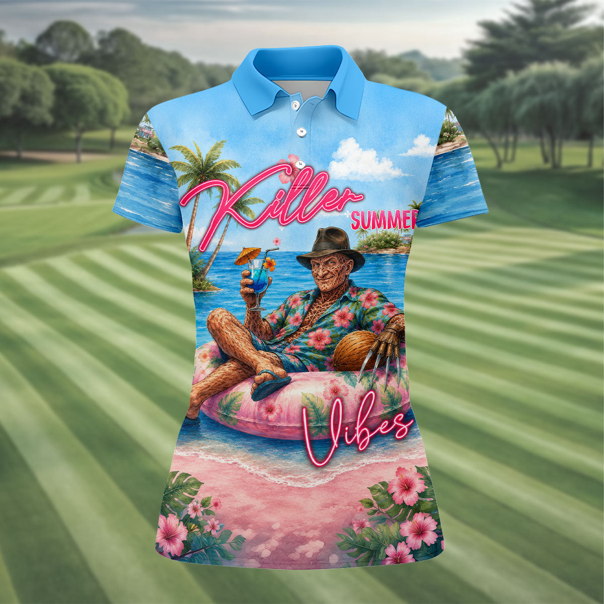 Killer Summer Vibes Burned Slasher Golf Polo Shirt, Women's Golf Polo, Ladies Golf Tops