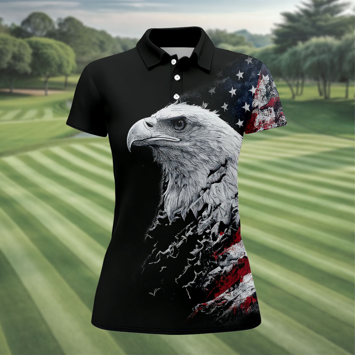 American Flag Bald Eagle Shattering Effect Golf Shirt, Patriotic Golf Shirt, Golf Shirts For Women