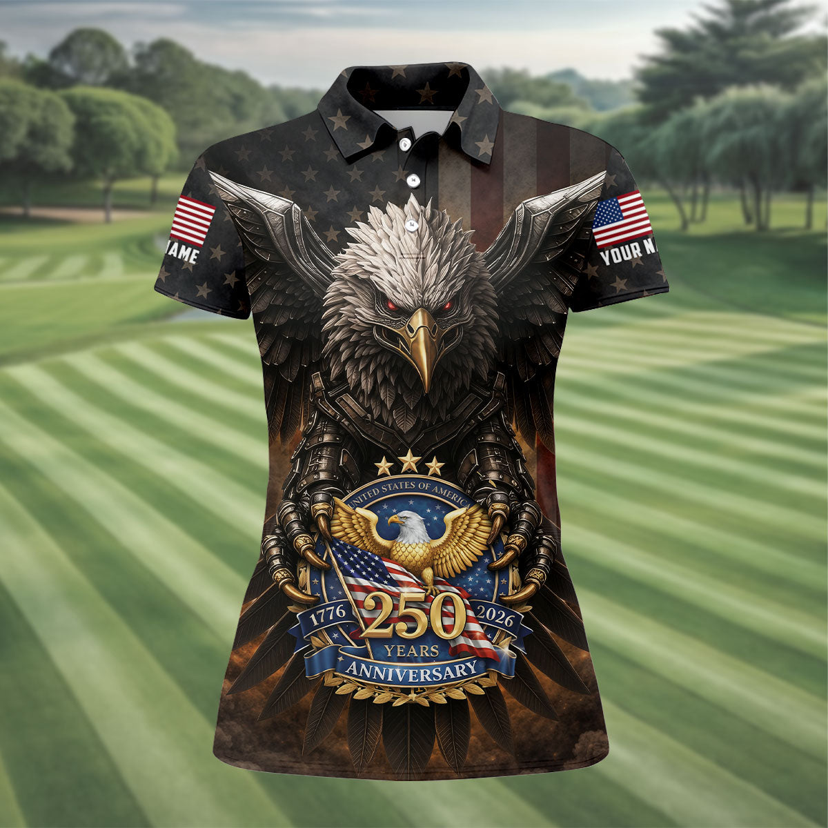 250 Years Fierce Eagle American Flag Retro Golf Shirt, Patriotic 4th Of July Golf Shirt For Women