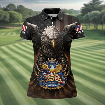 250 Years Fierce Eagle American Flag Retro Golf Shirt, Patriotic 4th Of July Golf Shirt For Women