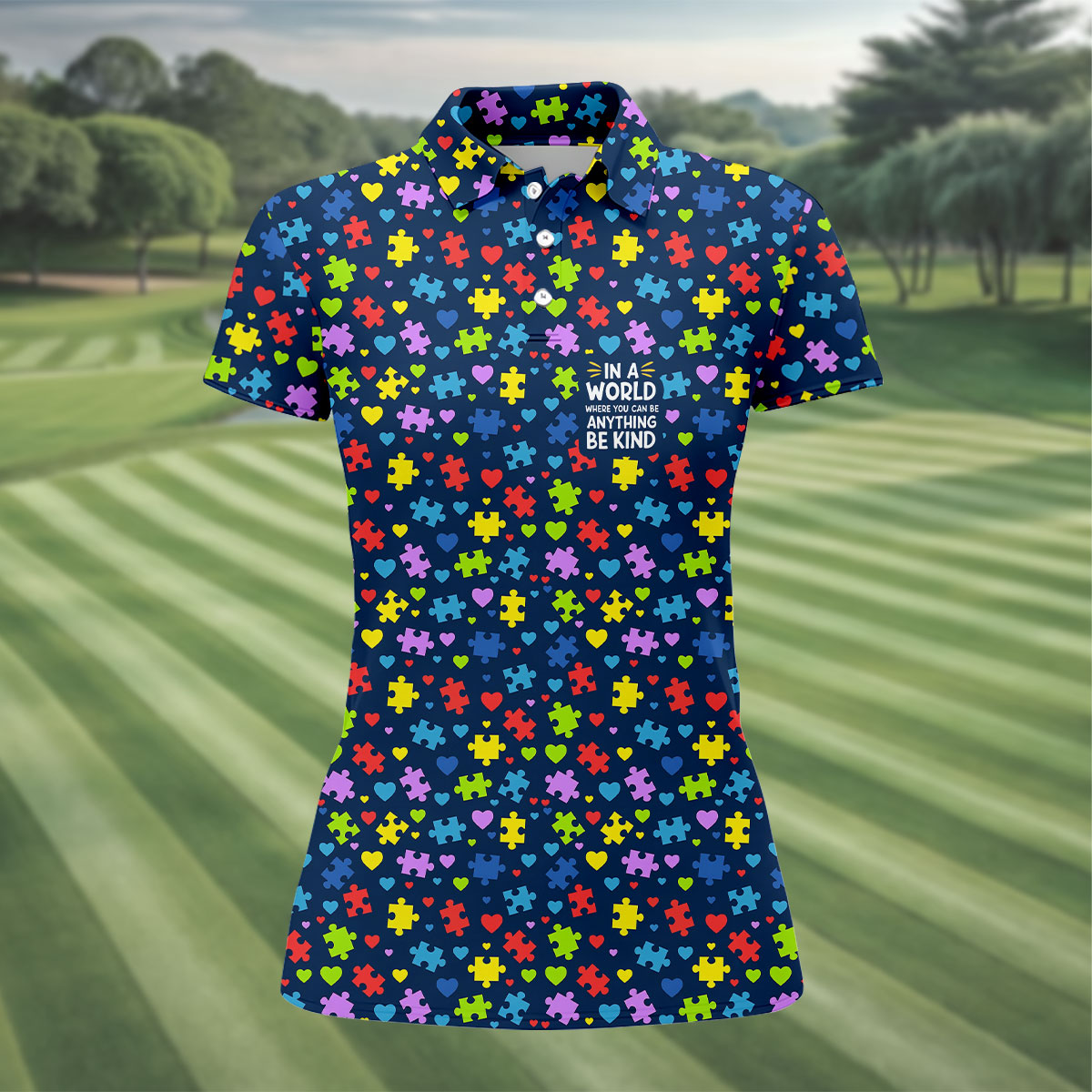In A World Where You Can Be Anything Be Kind Autism Awareness Puzzle Pattern Navy Golf Shirt, Golf Shirt For Women