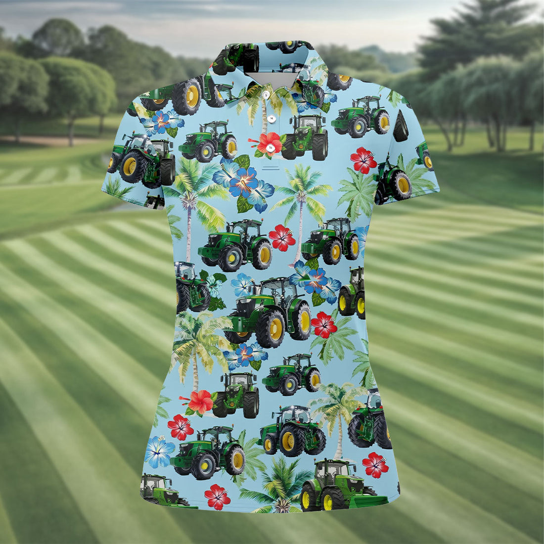 Vintage Tractor Palm Tree Golf Shirt, Women's Golf Shirt, Hawaiian Golf Shirt, Golf Polo For Women