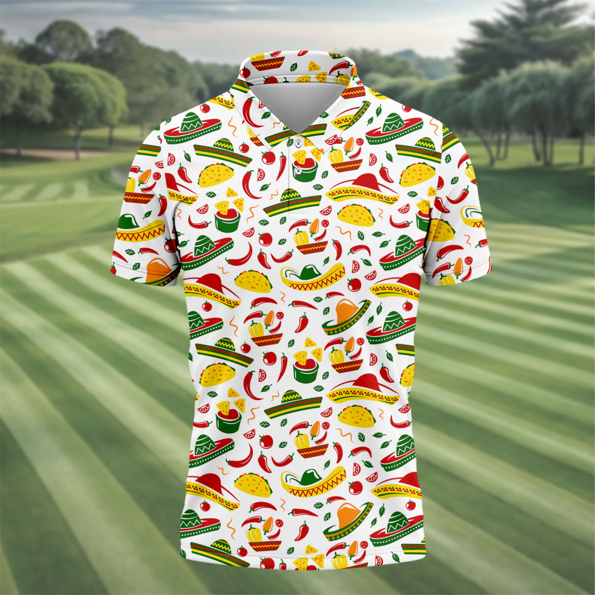 Mexican Fiesta Seamless Pattern Golf Tops For Men, Cinco De Mayo Celebration Golf Shirts For Men