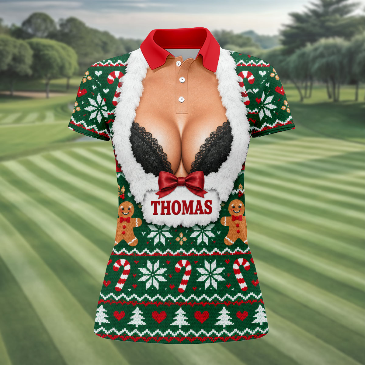 Custom Name Sexy Cleavage Christmas Golf Shirt, Womens Golf Tops, Ladies Golf Shirts