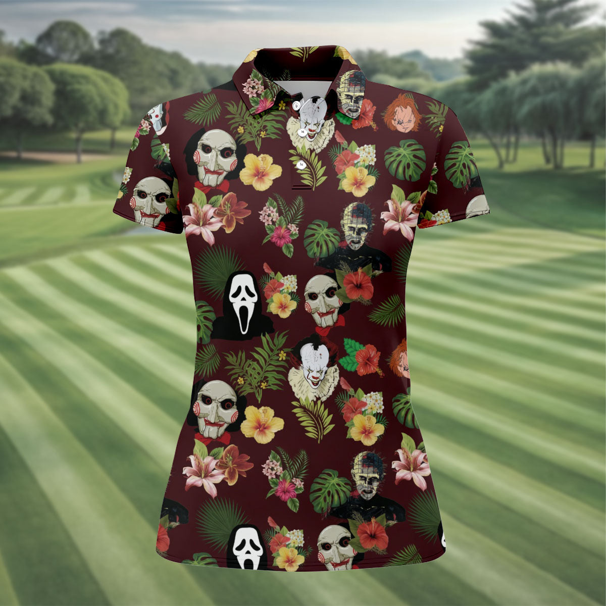 Floral Halloween Horror Character Hawaiian Golf Shirt, Women's Golf Tops, Golf Shirts For Women