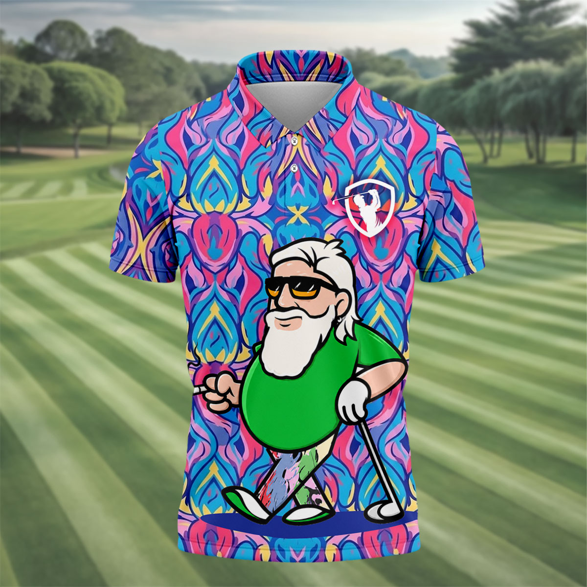 Colorful Psychedelic Santa Golfer Print Men's Golf Shirt, Mens Golf Apparel, Hawaiian Golf Shirt