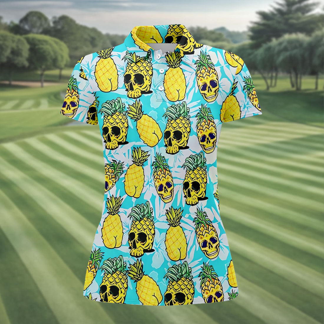 Tropical Pineapple Skull Pattern Golf Shirt, Women’s Golf Polo, Hawaiian Golf Shirt, Ladies Golf Shirts