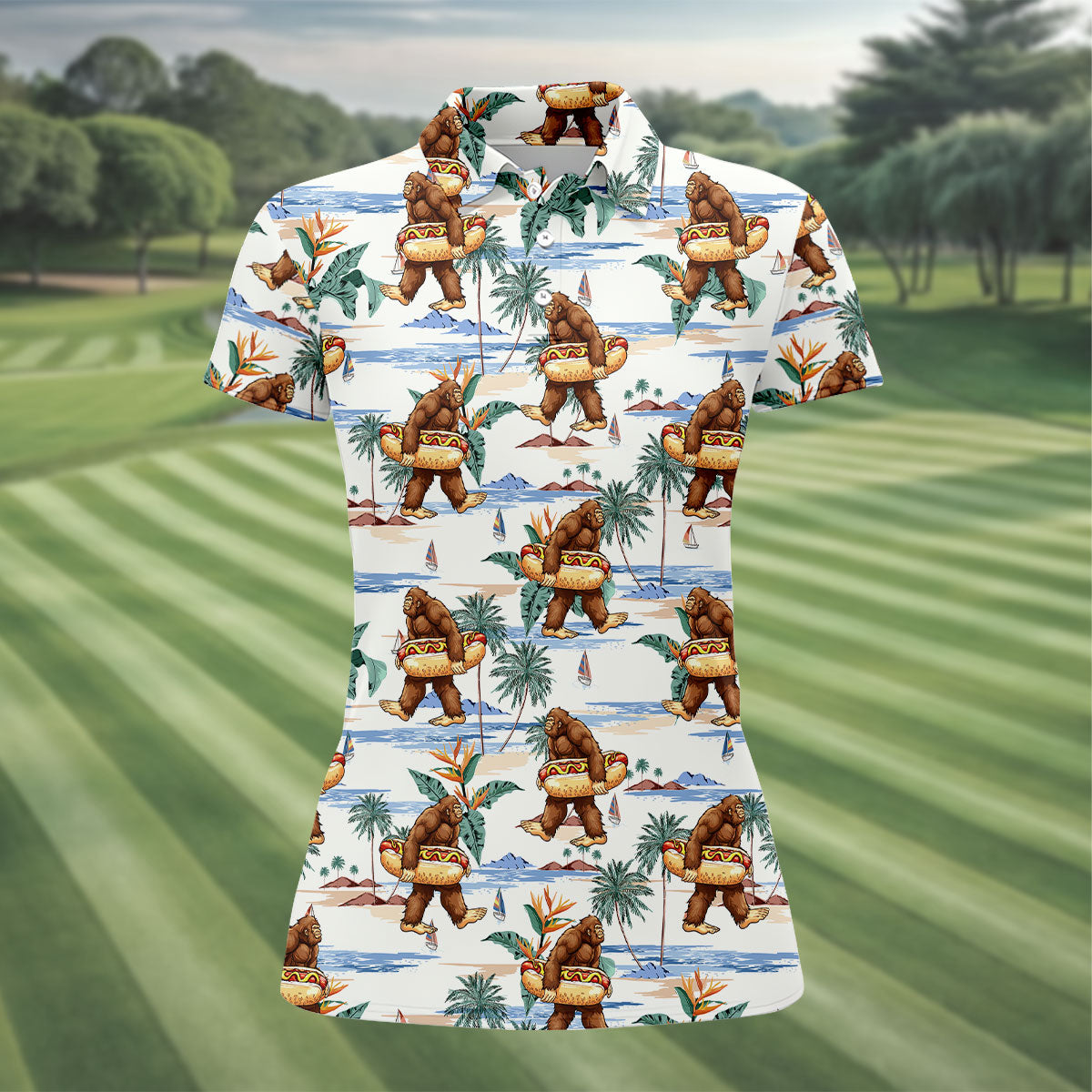 Bigfoot Hot Dog Beach Hawaiian Shirt, Women’s Golf Polo, Golf Tops For Women, Women’s Golf Apparel