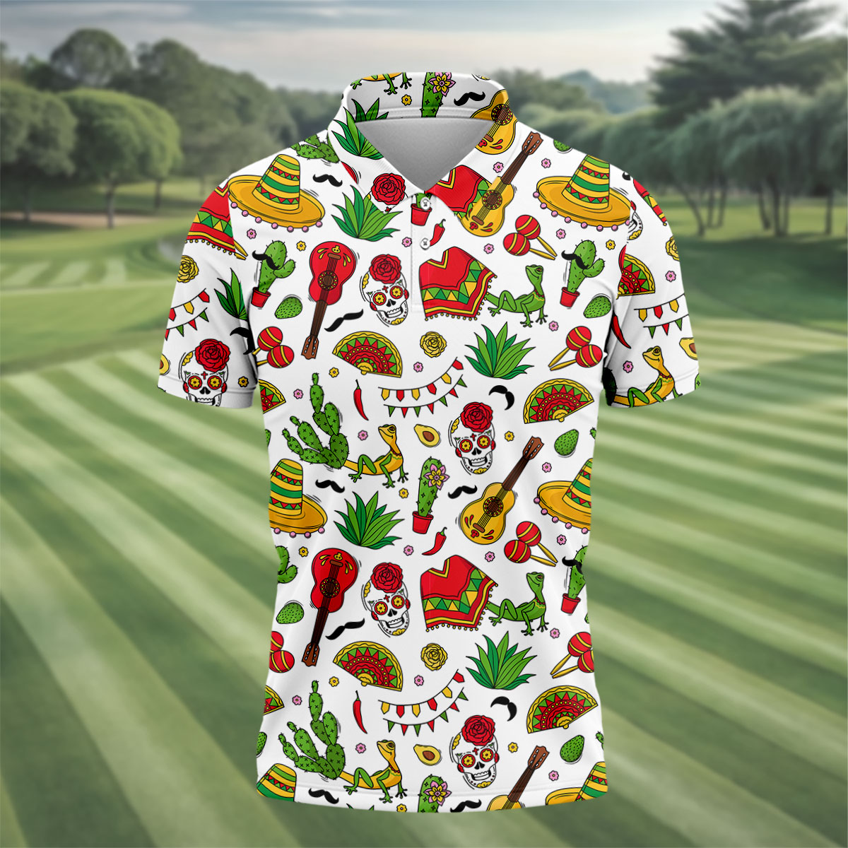 Mexican Instruments Funny Cacti Golf Tops For Men, Cinco De Mayo Celebration Golf Shirts For Men
