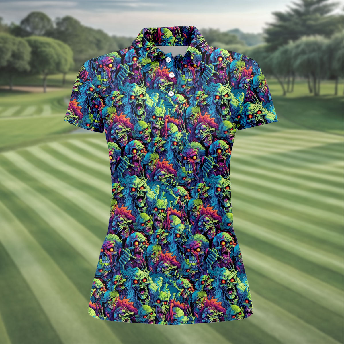 Colorful Zombie Head Pattern Halloween Golf Polo Shirt, Women's Golf Tops, Ladies Golf Shirt
