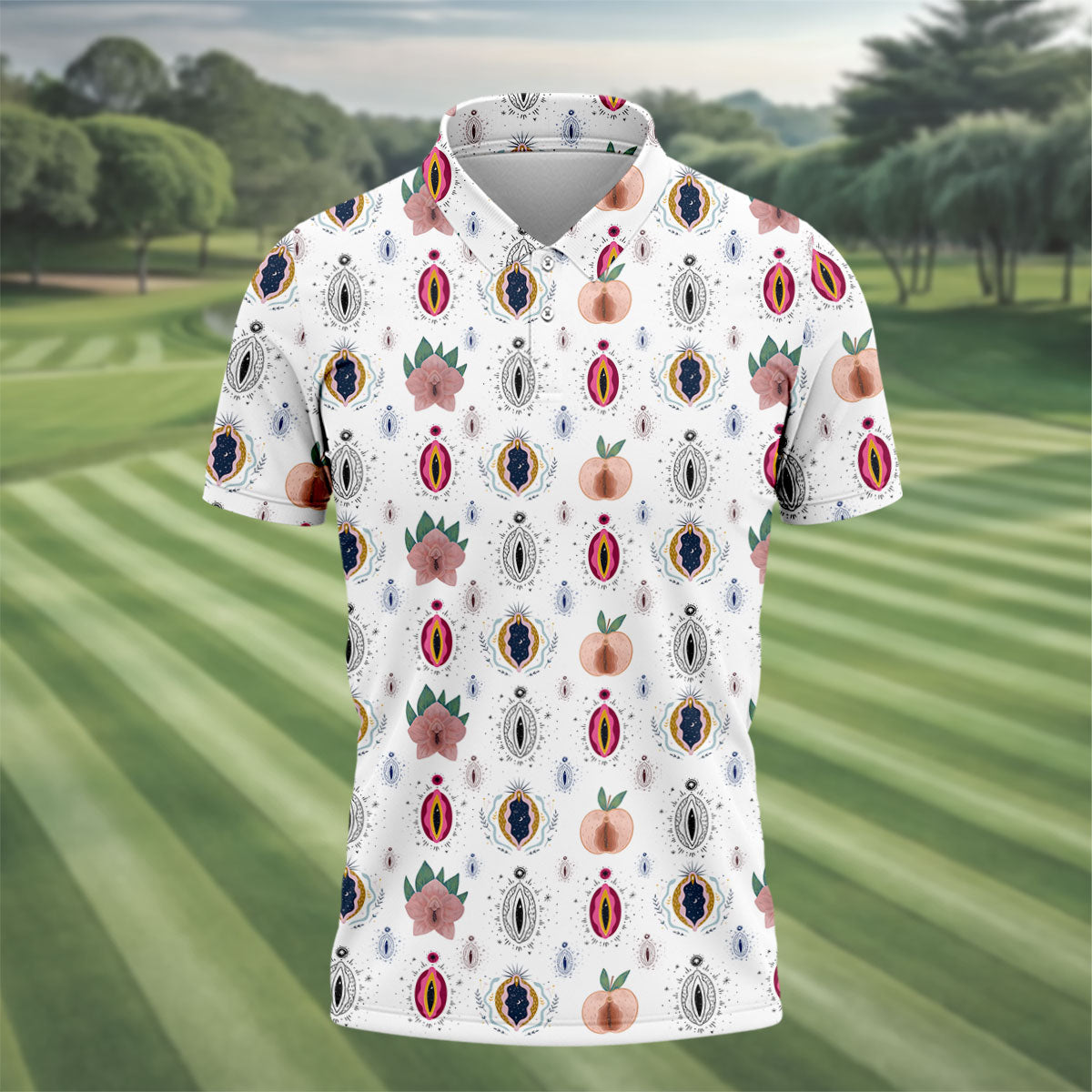 Abstract Peach Botanical Pattern Golf Shirt, Mens Golf Polo, Golf Apparel For Men