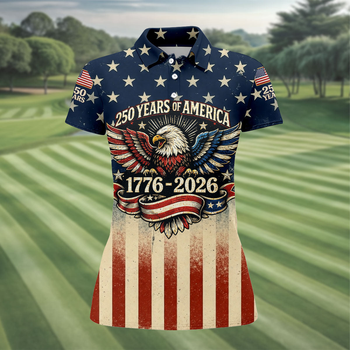 250 Years Bald Eagle US Flag Retro Golf Shirt, Patriotic 4th Of July Golf Shirt For Women
