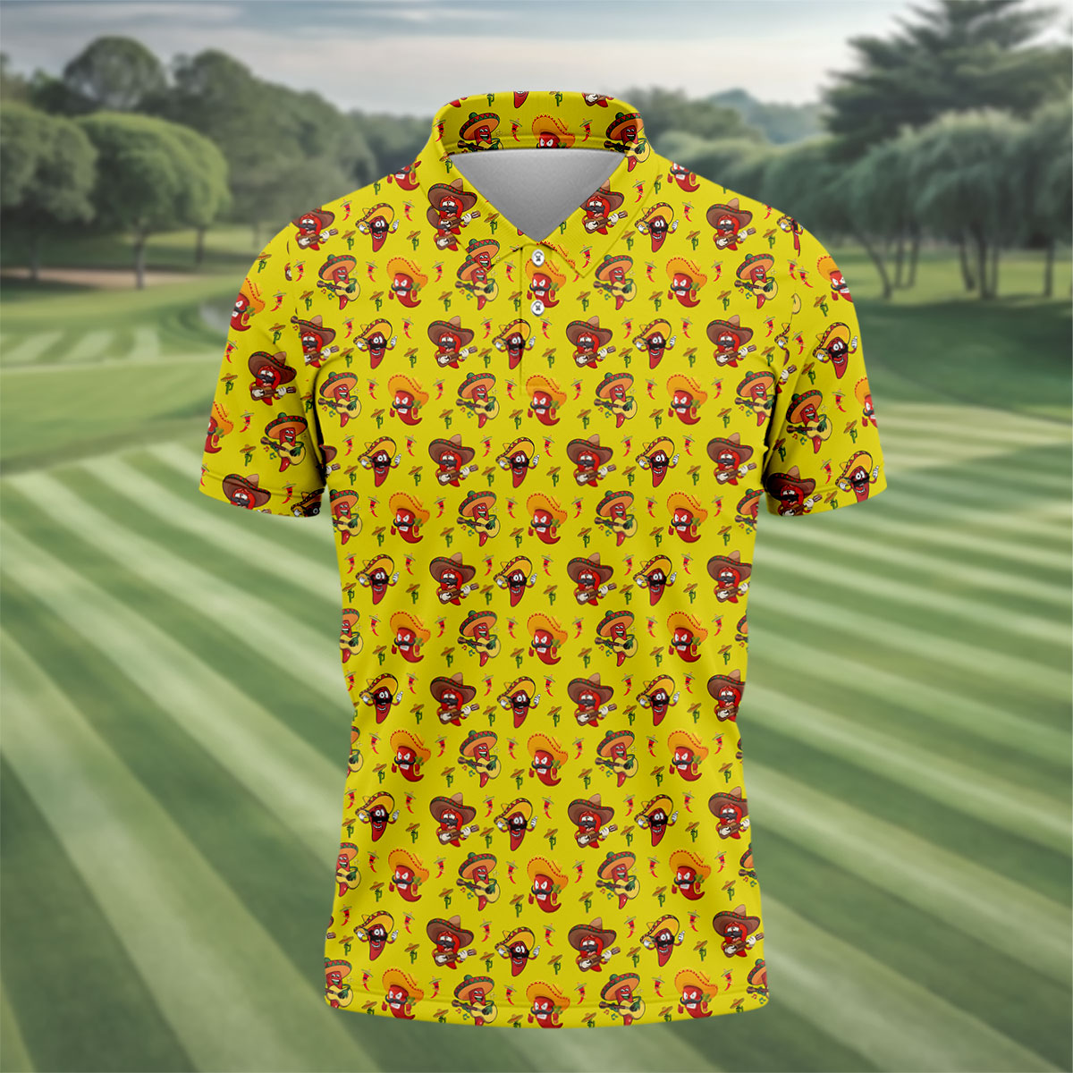 Cartoon Chili Pepper Mexican Sombrero Cinco De Mayo Celebration Fiesta Themed Golf Shirts For Men