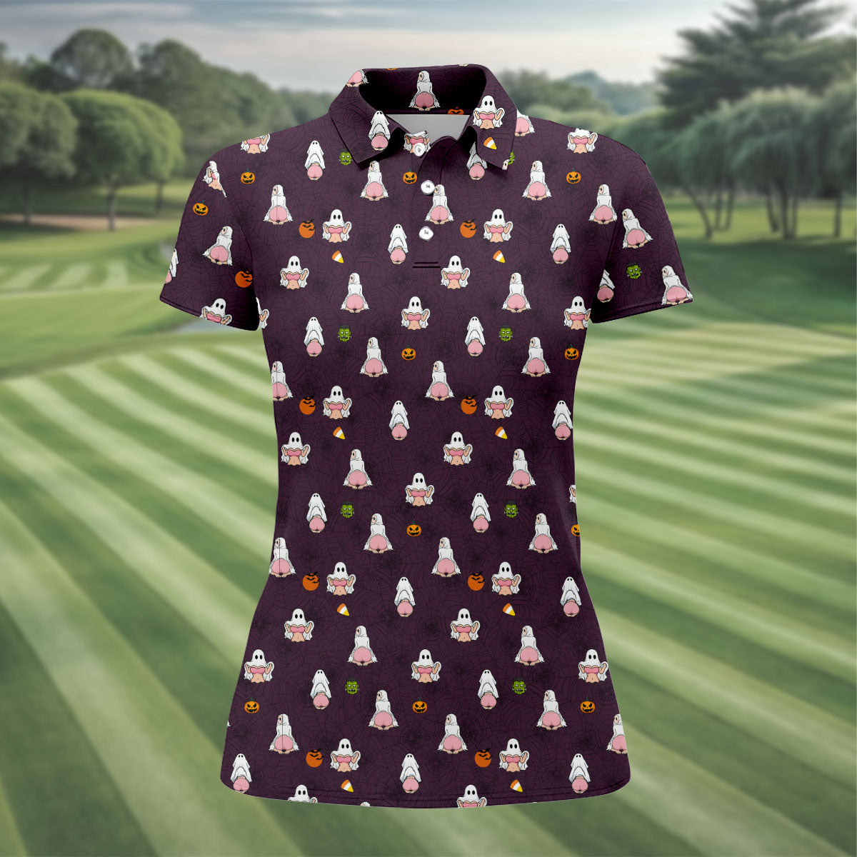 Cute Ghost Butt Halloween Pattern Golf Polo Shirt, Womens Golf Tops, Ladies Golf Shirts