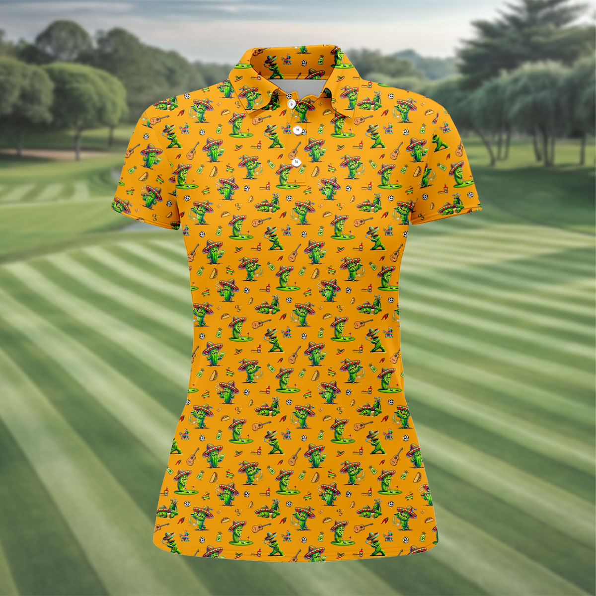 Cartoon Mustach Funny Cactus Cinco De Mayo Celebration Fiesta Themed Orange Golf Shirt For Women