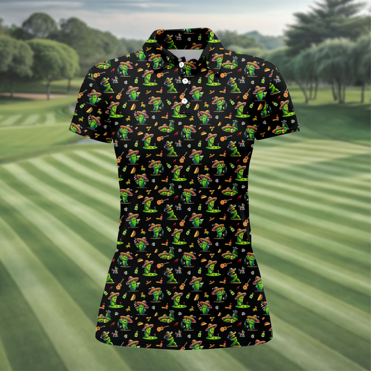 Cartoon Mustach Funny Cactus Cinco De Mayo Celebration Fiesta Themed Black Golf Shirt For Women
