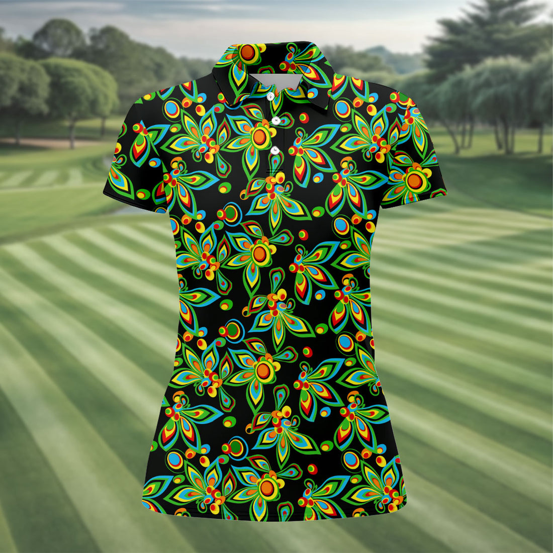 Black Colorful Floral Geometric Pattern Golf Shirt, Women's Golf Tops, Women’s Golf Apparel, Printed Golf Shirt