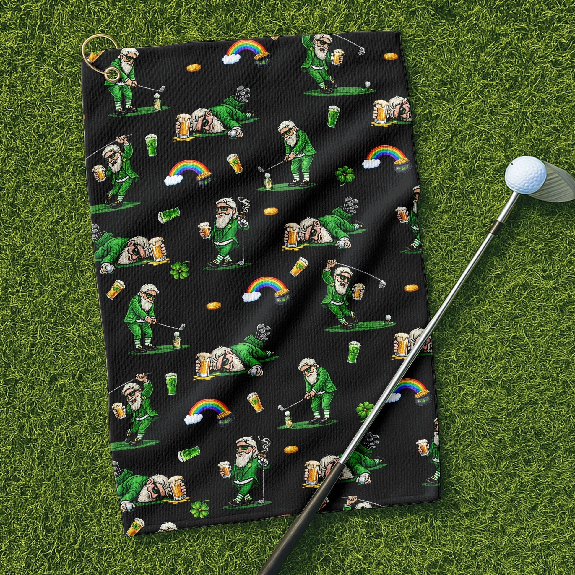 Black St. Patrick’s Day Leprechaun Golf Towel, Funny Golf Gift, Golf Accessories