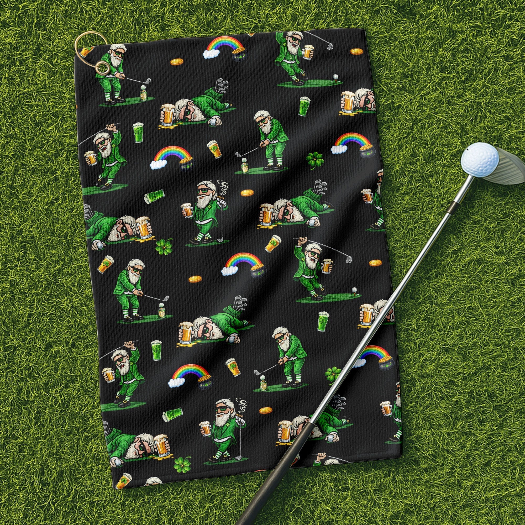 Black St. Patrick’s Day Leprechaun Golf Towel, Funny Golf Gift, Golf Accessories