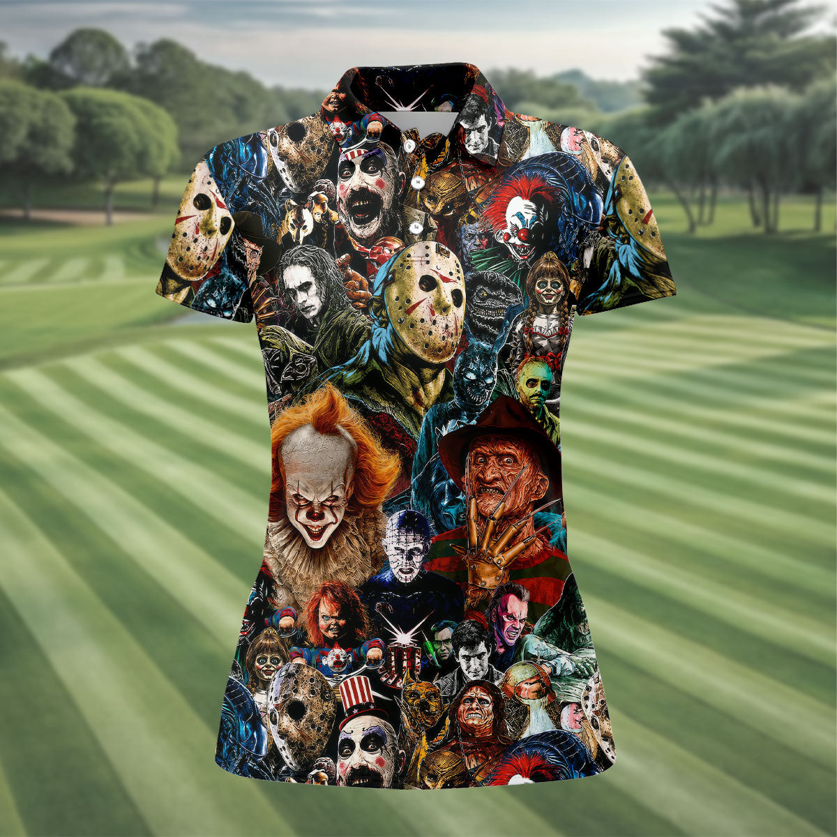 Classic Horror Character Icons Collage Golf Polo Shirt, Women's Golf Polo, Ladies Golf Shirts
