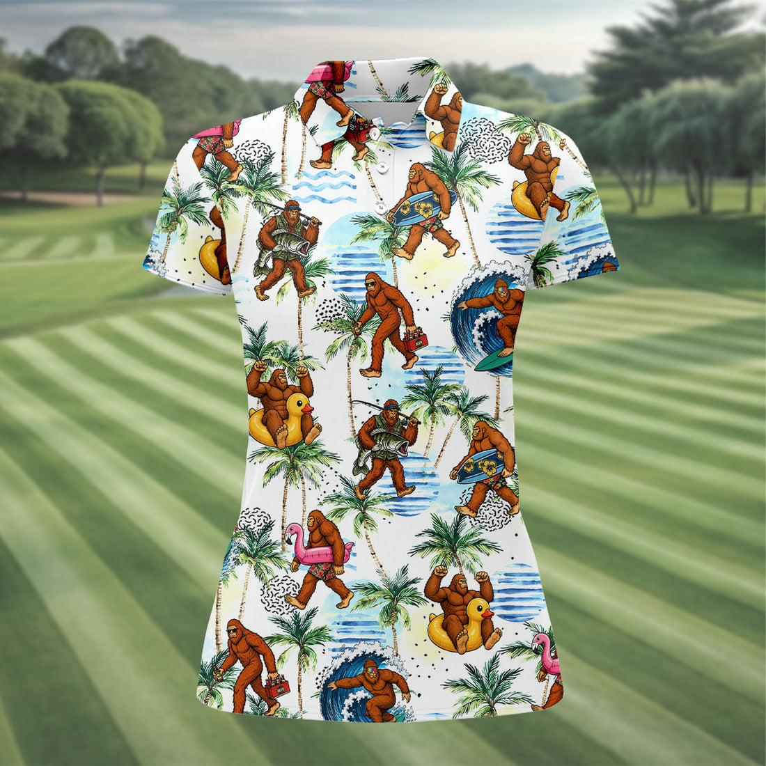 Tropical Bigfoot Surfing Fishing Beach Golf Shirt, Golf Tops For Women, Ladies Golf Shirts, Women’s Golf Apparel