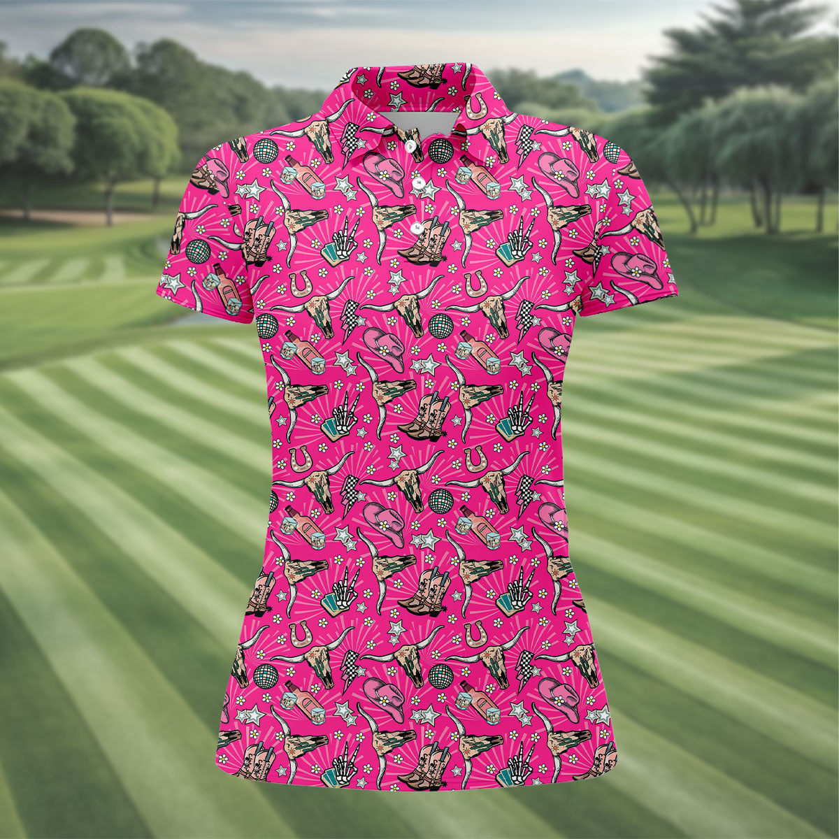 Pink Western Cowgirl Pattern Golf Polo Shirt, Ladies Golf Shirt, Hawaiian Golf Shirt