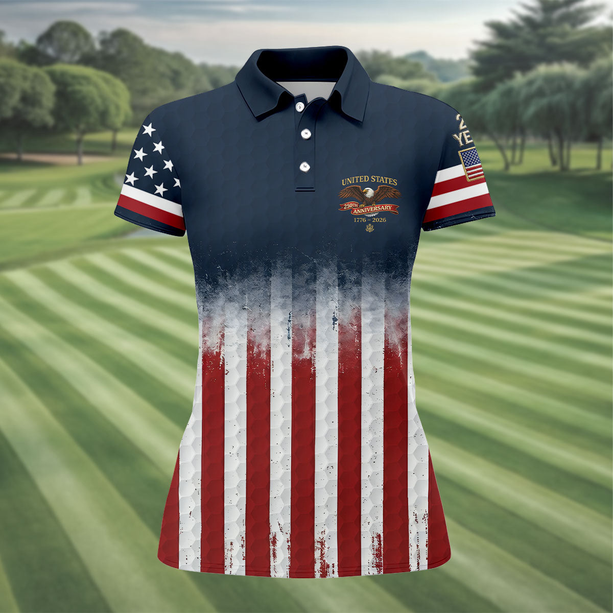 United States 250th Anniversary Distressed Flag Ladies Golf Shirts, Golf Ball Pattern Golf Shirt For Women
