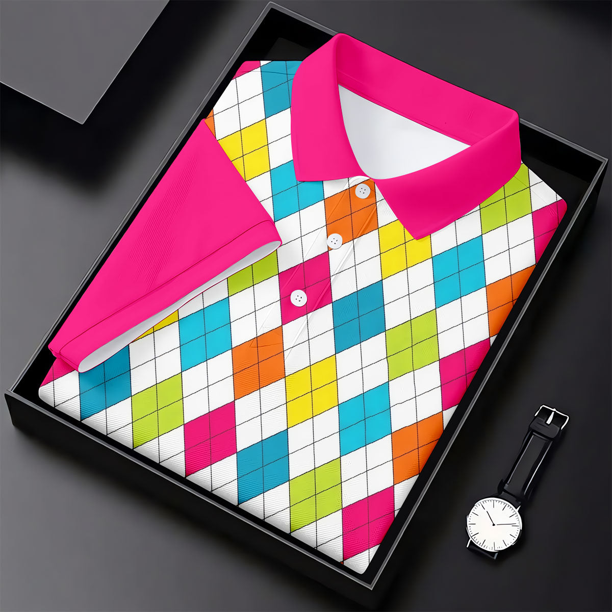 Pink Sleeve Colorful Argyle Plaid Golf Shirt, Golf Polo For Women, Printed Golf Shirt