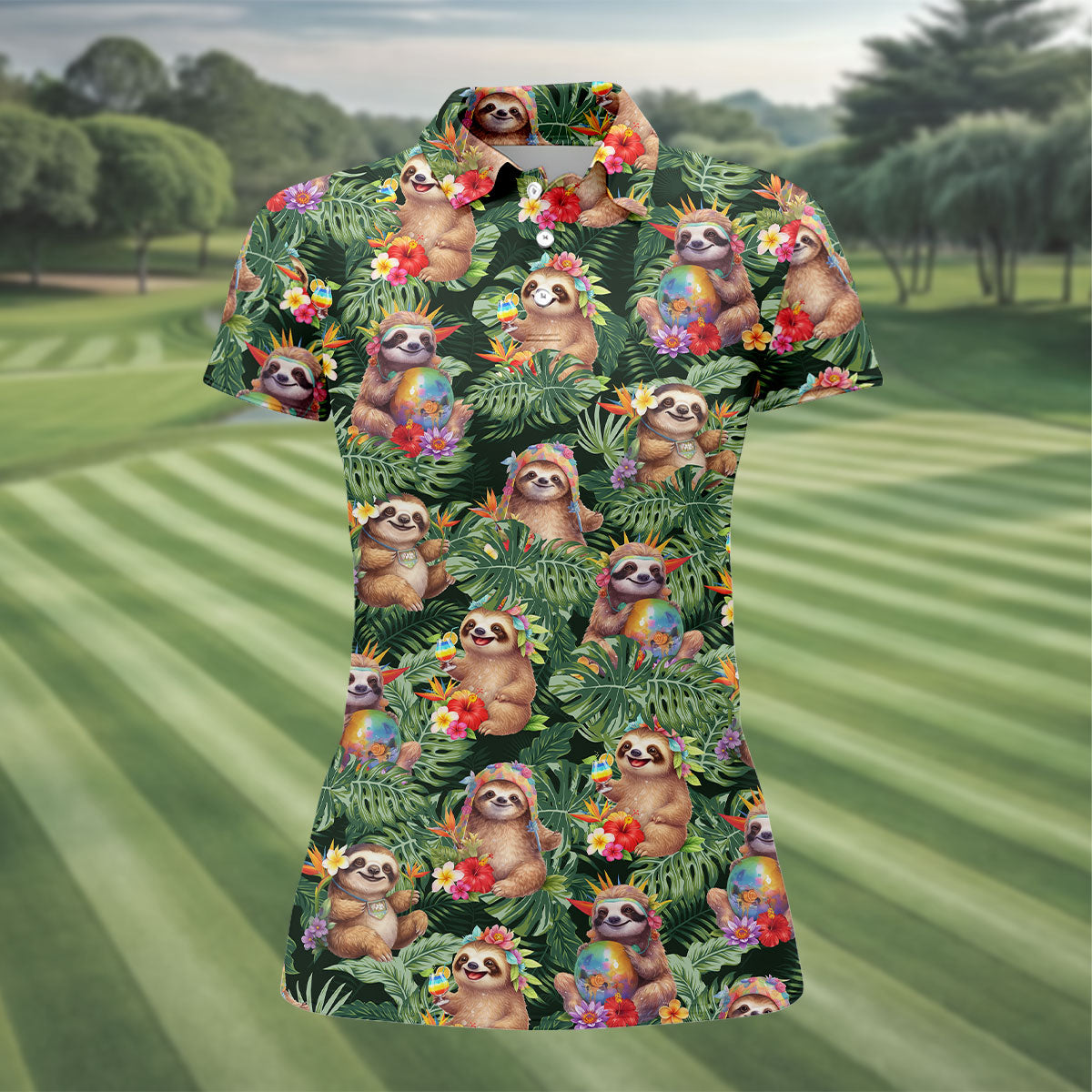 Funny Sloth Hawaiian Summer Ladies Golf Tops, Golf Shirt For Women, Ladies Golf Shirts