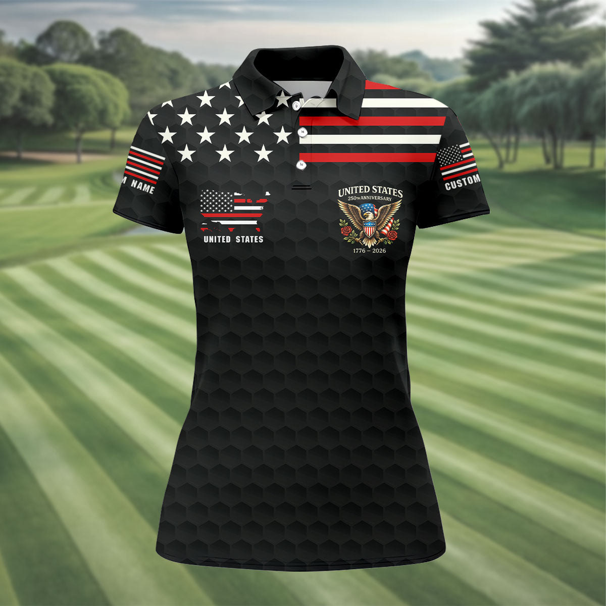 250th Anniversary Bald Eagle And Roses Black Golf Shirt, Patriotic 4th Of July Golf Shirt For Women