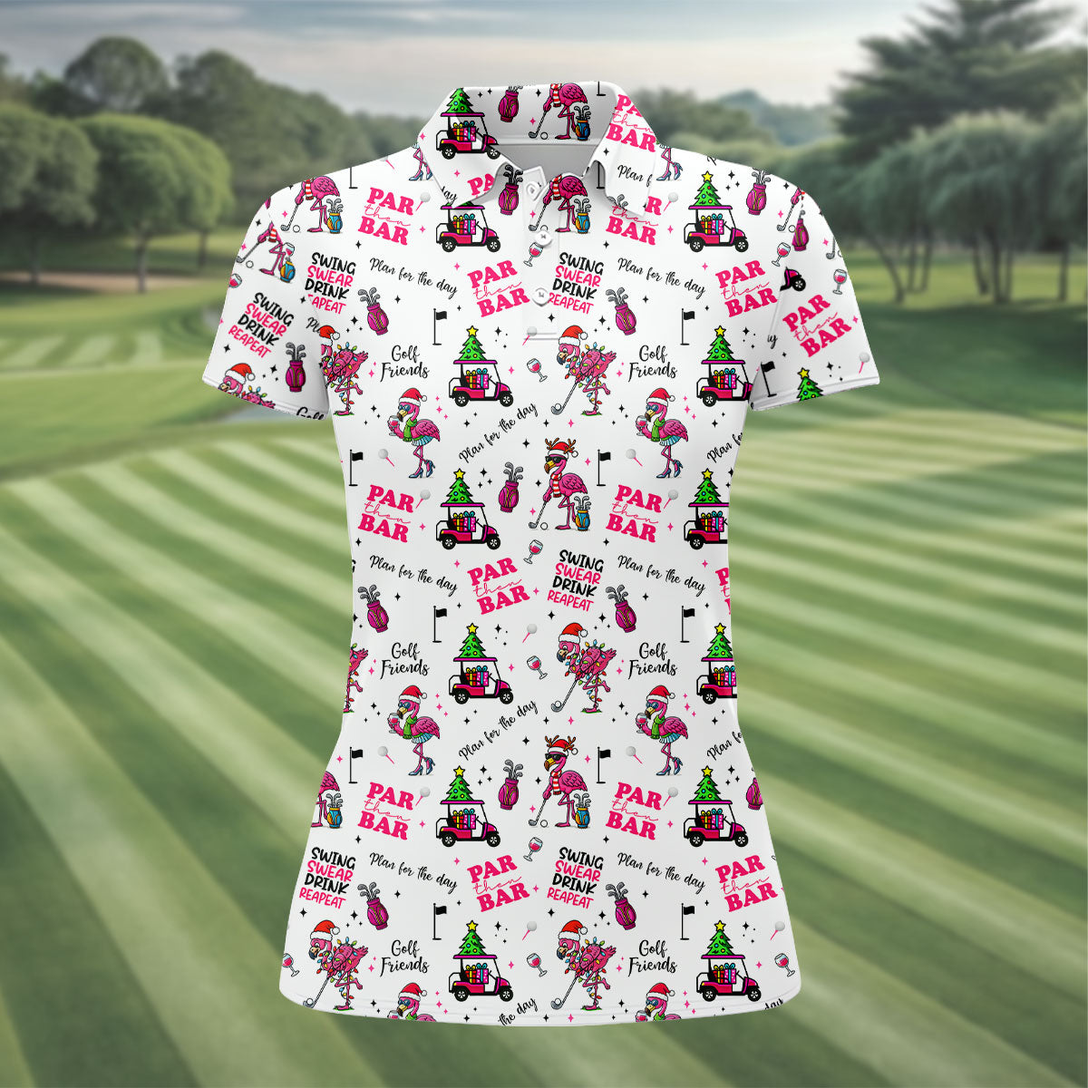 Christmas Flamingo Par Then Bar Women's Golf Shirts, Christmas Golf Shirt, Ladies Golf Shirts, Women's Golf Gifts