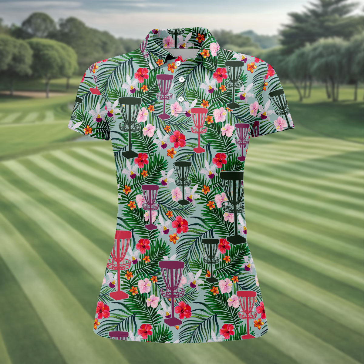 Tropical Disc Golf Basket Floral Polo Shirt, Golf Shirts For Women, Women’s Golf Polo