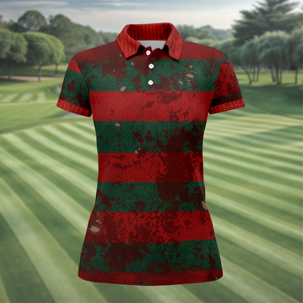 Distressed Red Green Horror Knit Golf Polo Shirt, Ladies Golf Tops, Golf Shirts For Women