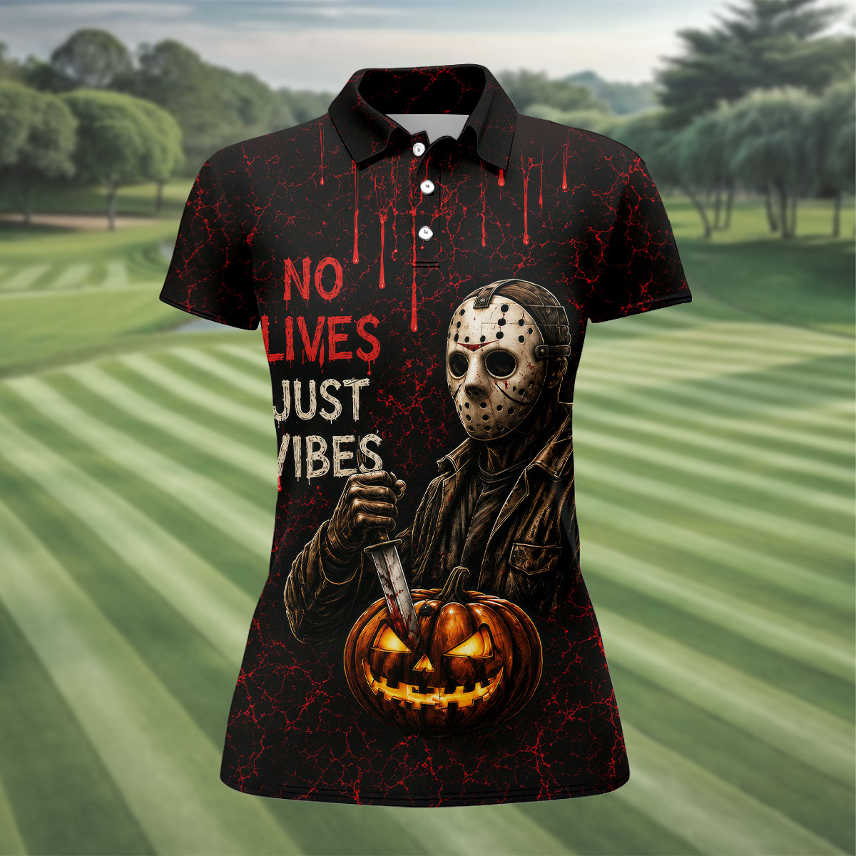 No Lives Just Vibes Halloween Horror Character Shirt, Golf Shirts For Women, Printed Golf Shirt