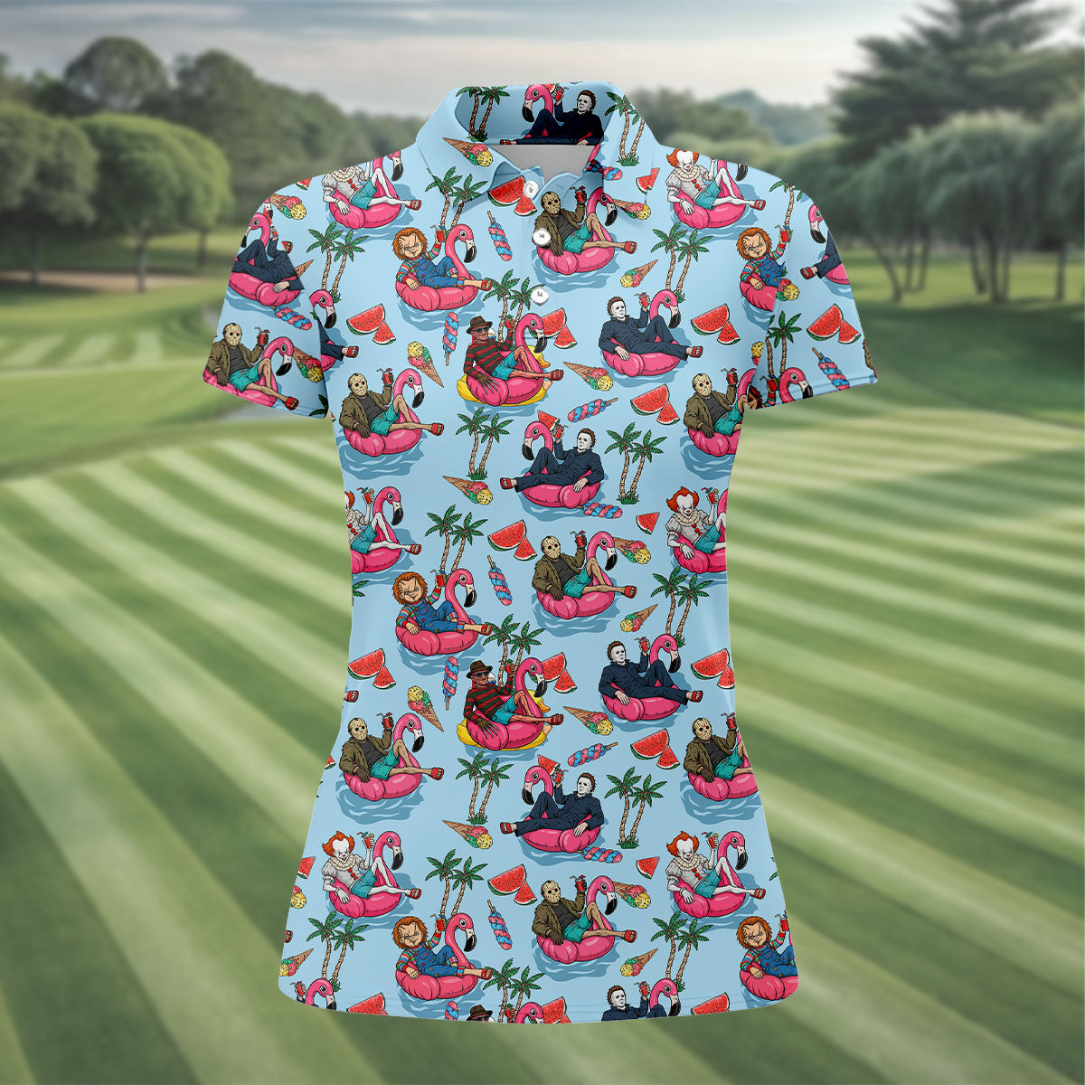 Retro Horror Character Villains Floating On Flamingo Pool Floats Golf Polo Shirt, Women's Golf Polo, Golf Tops For Women